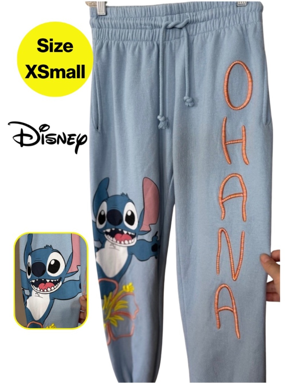 DISNEY’S STITCH 🌴 Baby Blue OHANA Joggers ft. a smiling Stitch (Size X-Small)